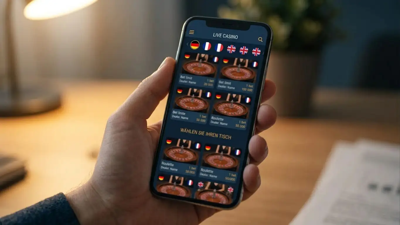 Smartphone zeigt eine Live-Casino-Lobby mit nach Sprache sortierten Roulette-Tischen