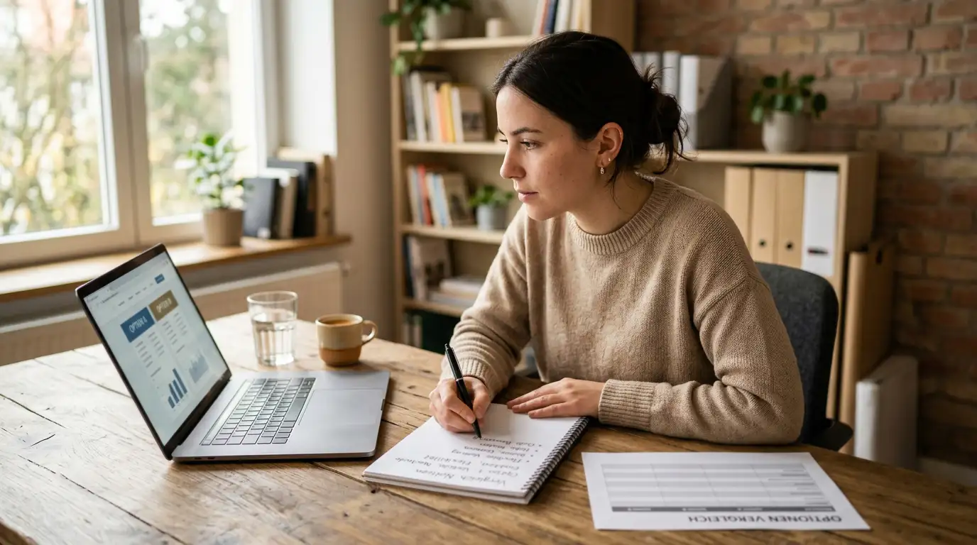 Vergleich von Echtgeld-Anbietern am Schreibtisch mit Notizen