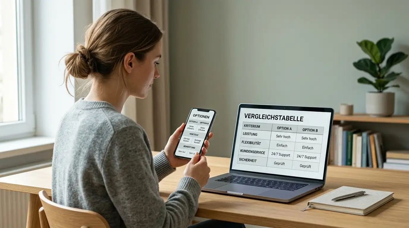 Person vergleicht mehrere Casino-Anbieter auf dem Smartphone am Schreibtisch