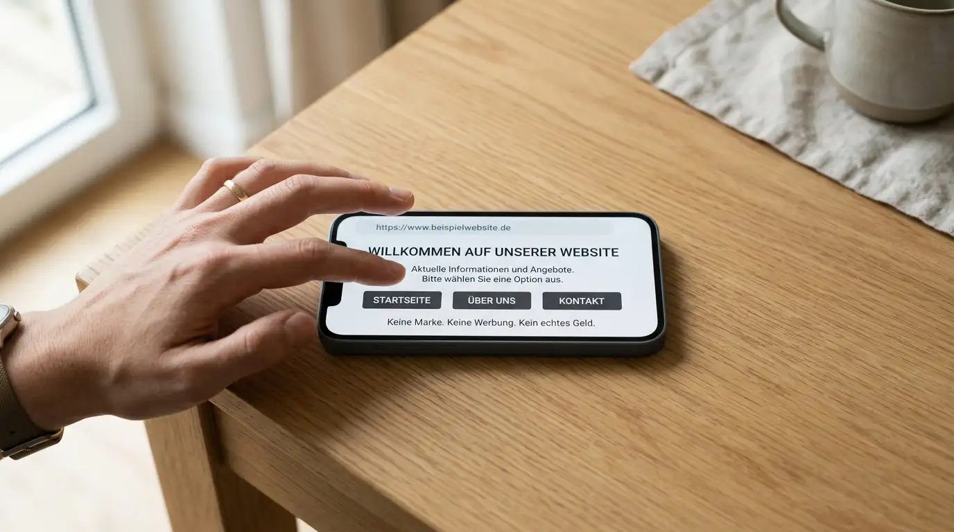 Smartphone auf einem Tisch mit geöffneter mobiler Casino-Webseite ohne Markenlogos