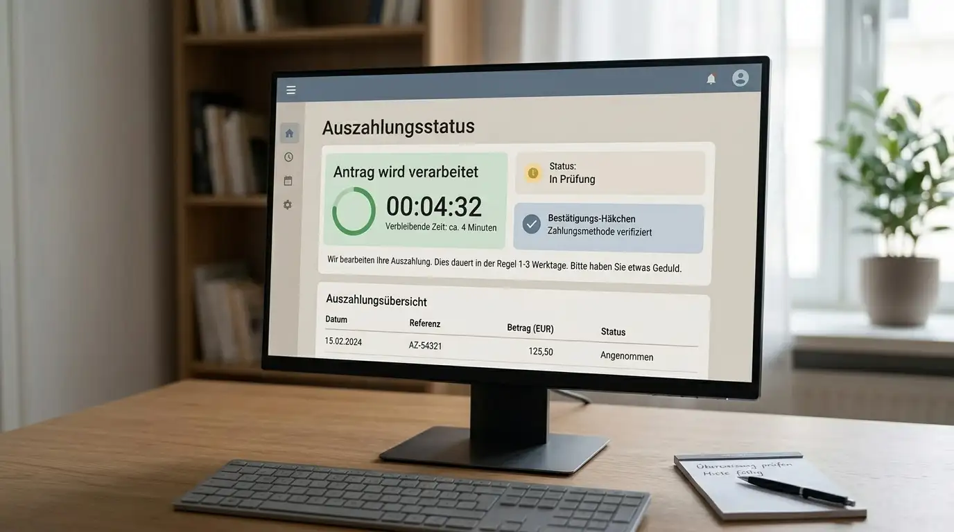 Auszahlungs-Timer und KYC-Status auf einer Casino-Kassenoberfläche