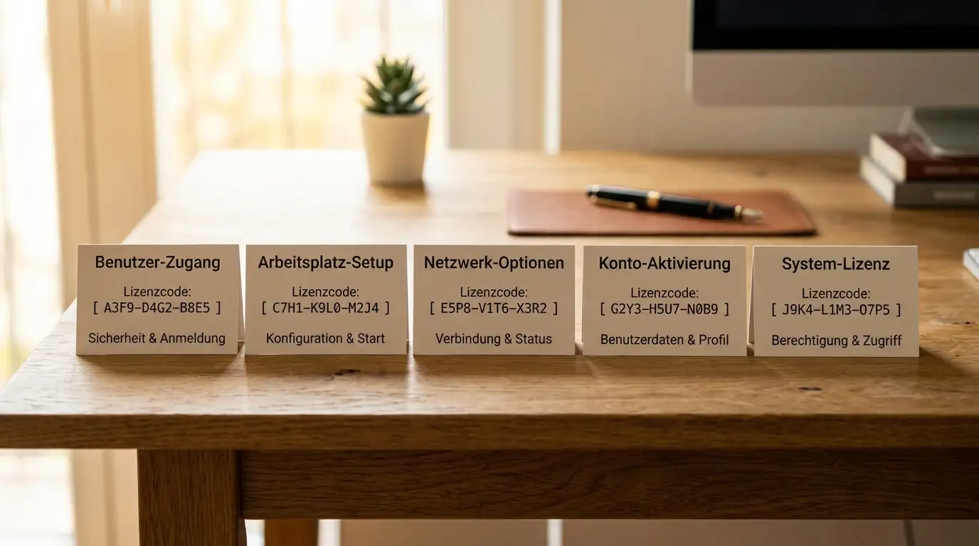 Fünf zusammengestellte Anbieterprofile auf einem Schreibtisch, jeder mit sichtbarem Lizenzcode und kurzer Stichwortkarte