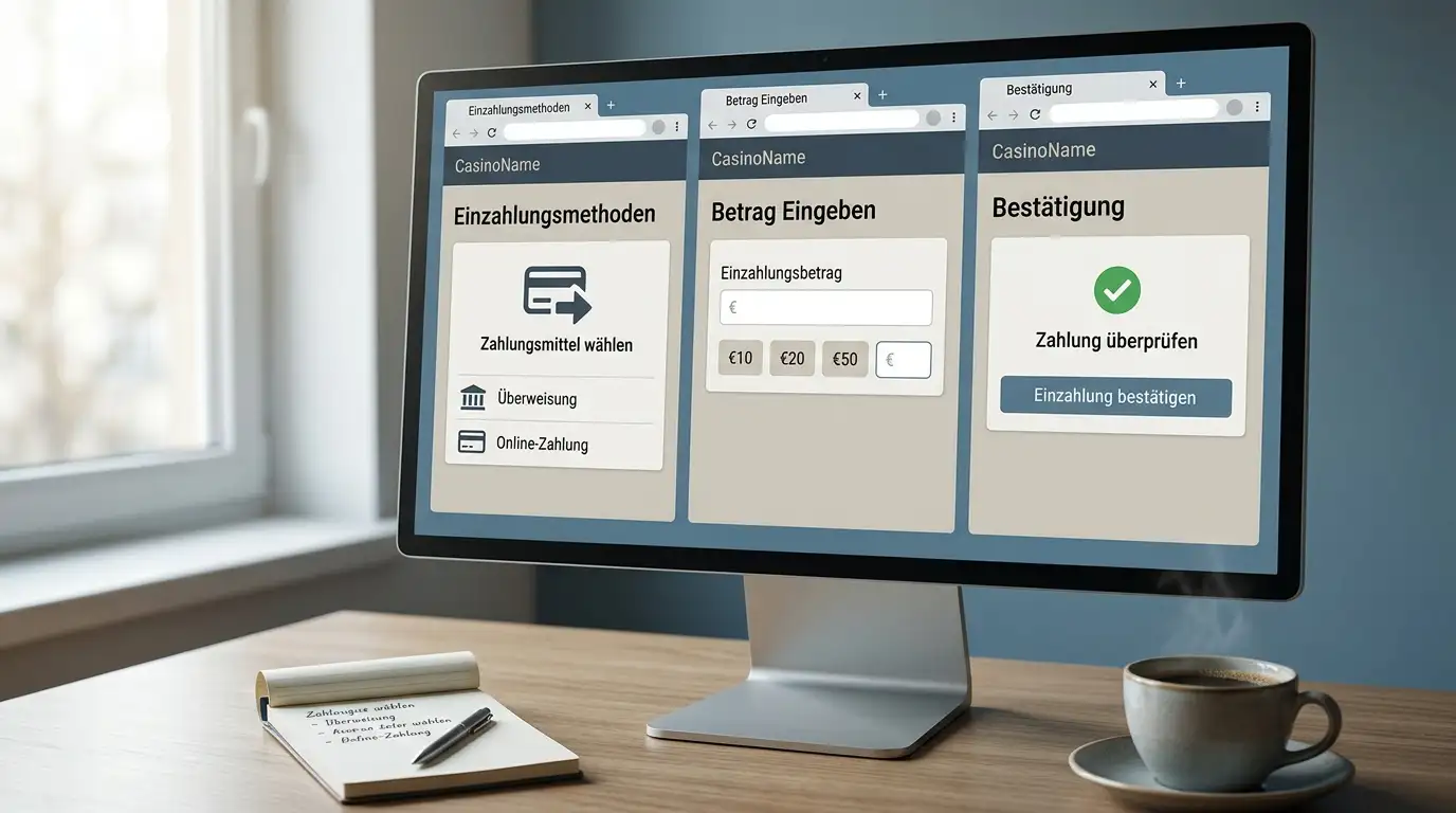 Drei Casino-Webseiten nebeneinander auf einem Bildschirm, alle mit sichtbarem PayPal-Logo im Kassenbereich