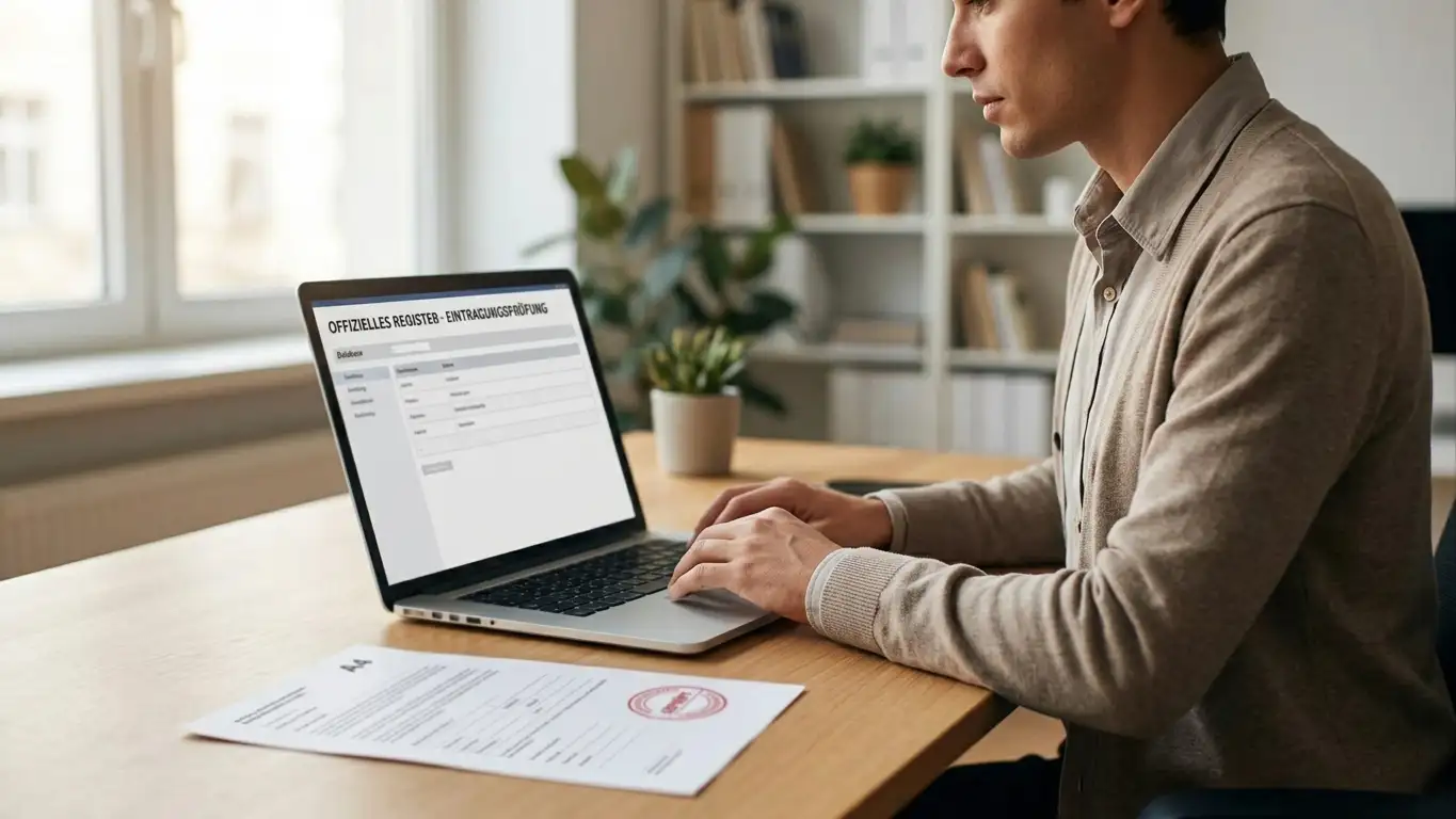 Person am Laptop prüft ein neutrales Amtsregister zur Glücksspiellizenz