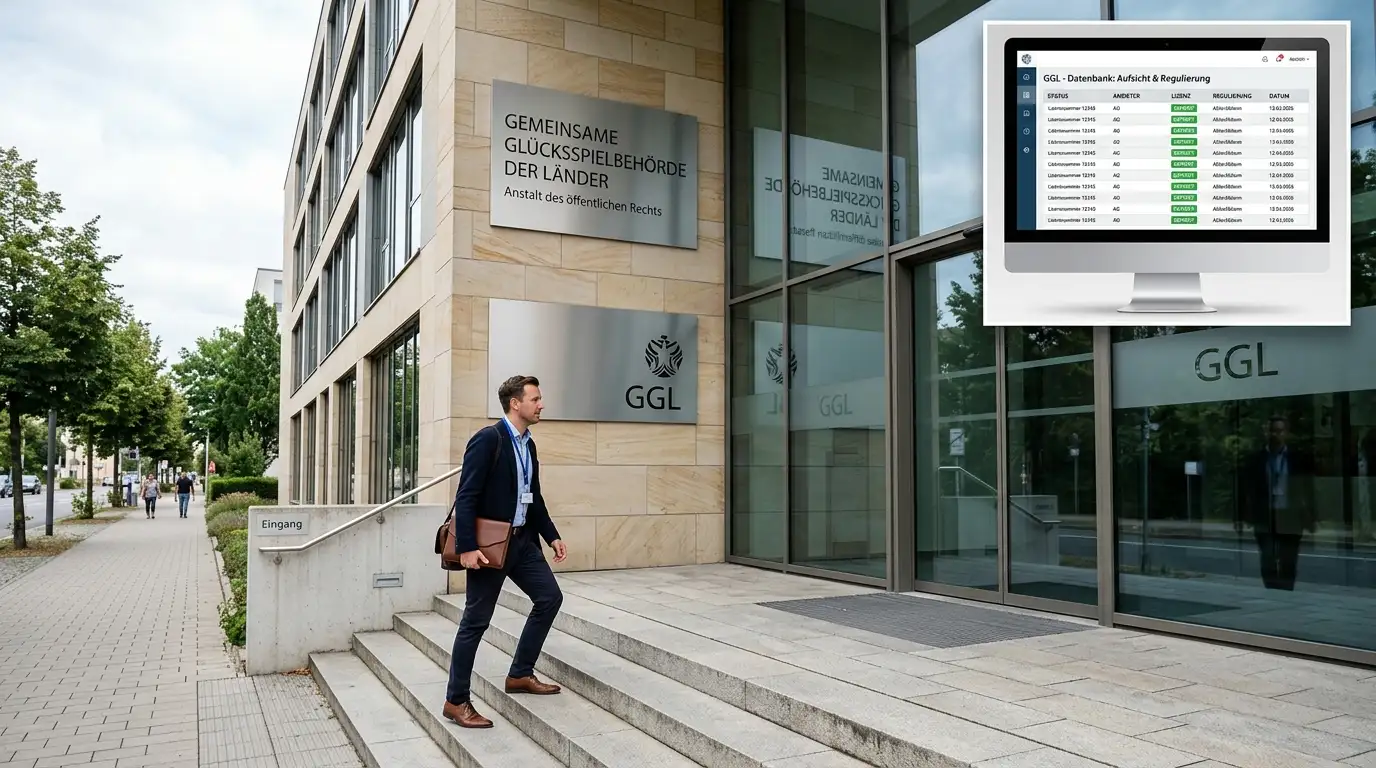 Behördenschild der GGL in Halle mit LUGAS-Datenbank auf einem Bildschirm daneben