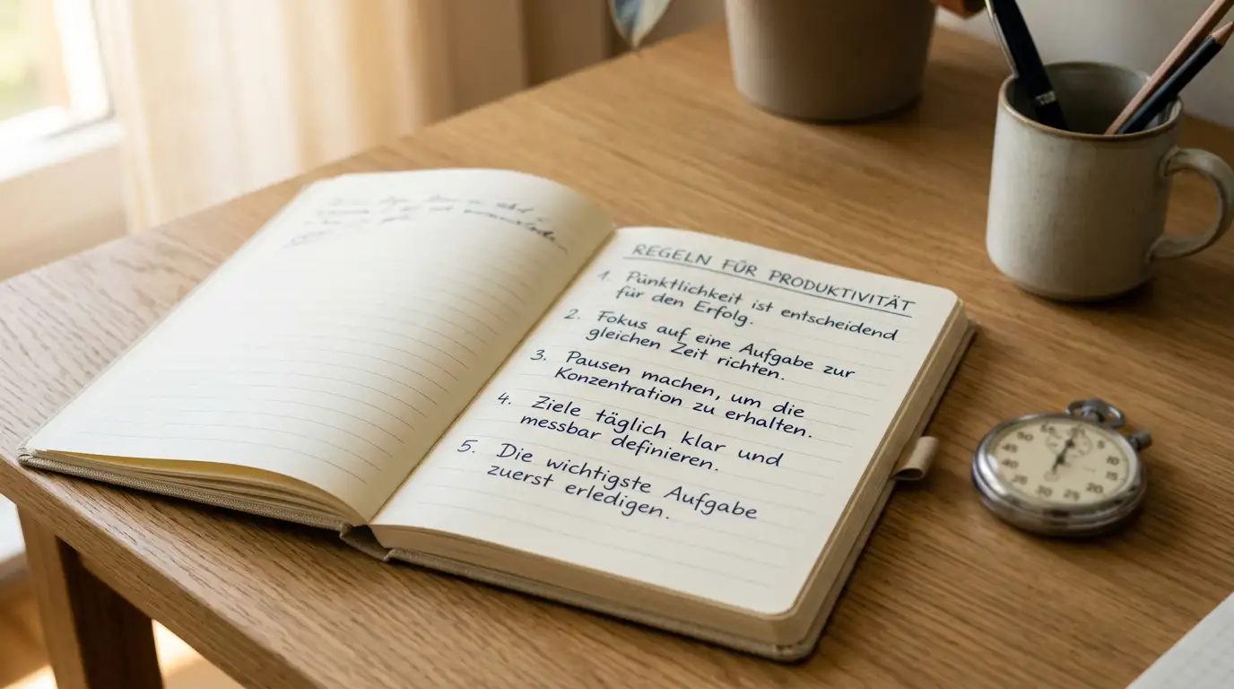 Schreibtisch mit einem linierten Notizbuch, auf dem die fünf zentralen Regeln handschriftlich notiert sind, daneben eine Stoppuhr