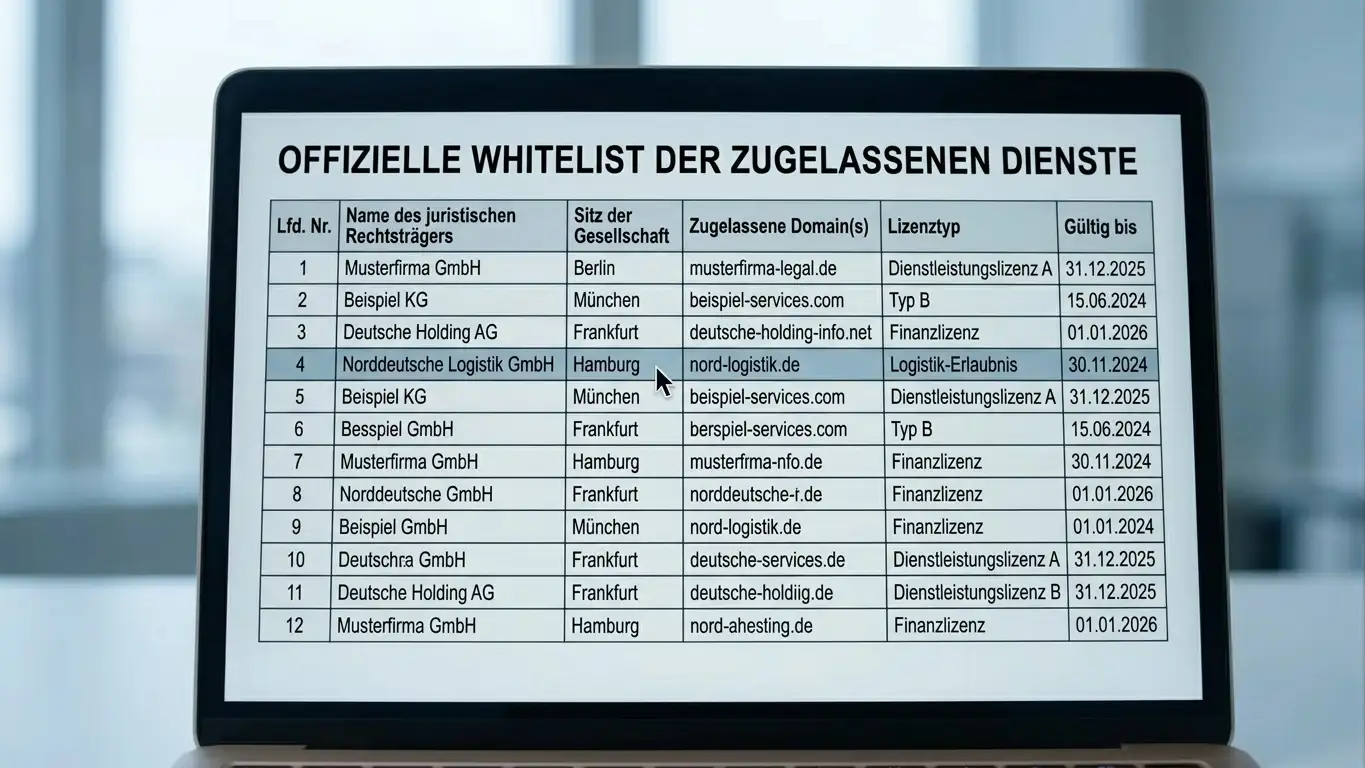 Nahaufnahme einer offiziellen Whitelist-Liste auf einem Bildschirm, mit Hervorhebung der Domain-Spalte