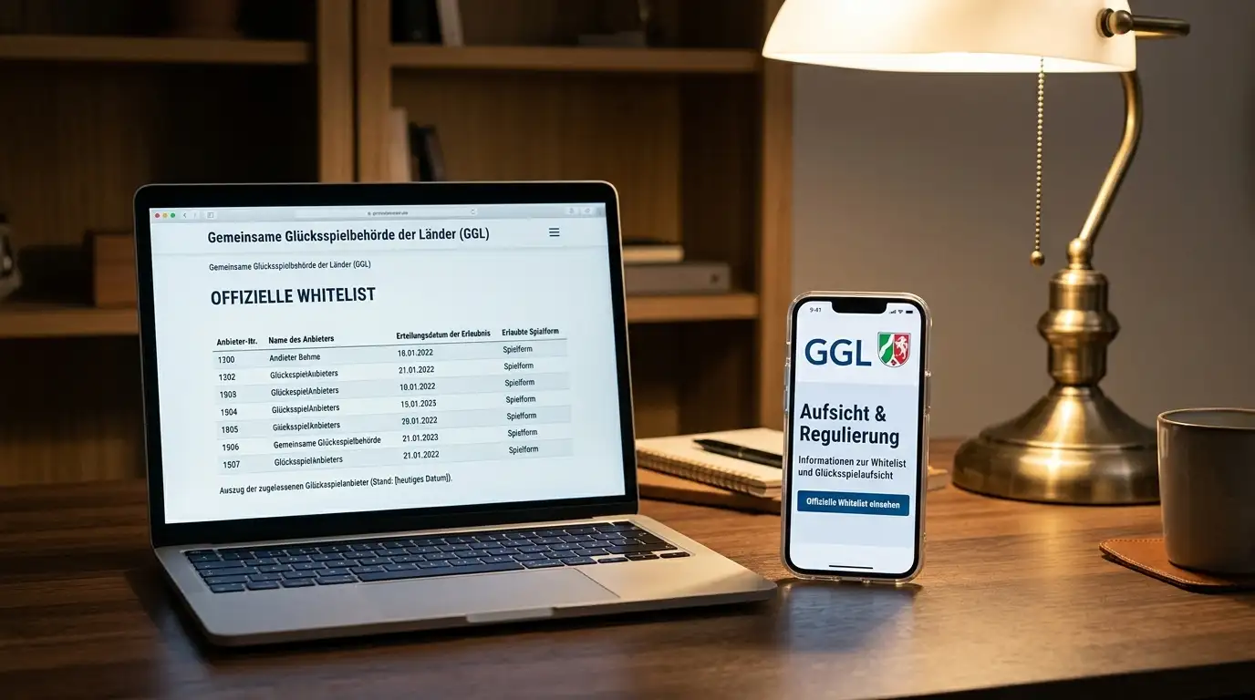 Laptop-Bildschirm mit der GGL-Whitelist-Ansicht, daneben ein Smartphone, auf dem die Domain gluecksspiel-behoerde.de geöffnet ist