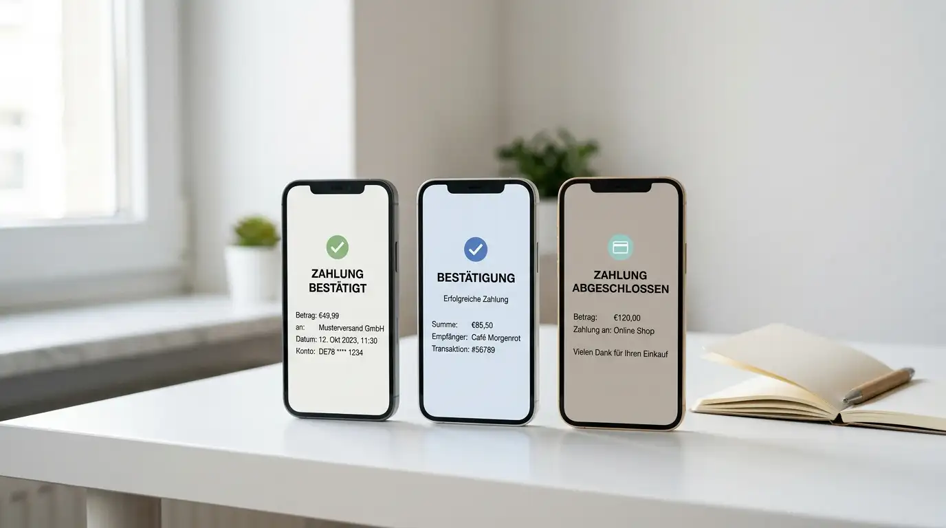 Drei Smartphone-Bildschirme nebeneinander mit Giropay-, Klarna- und Pay-with-Bank-Logo in einer Reihe