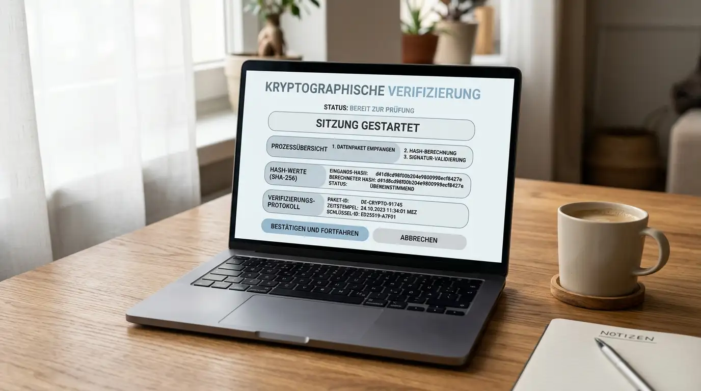 Kryptografische Verifikations-Anzeige eines Online-Slots auf einem Bildschirm
