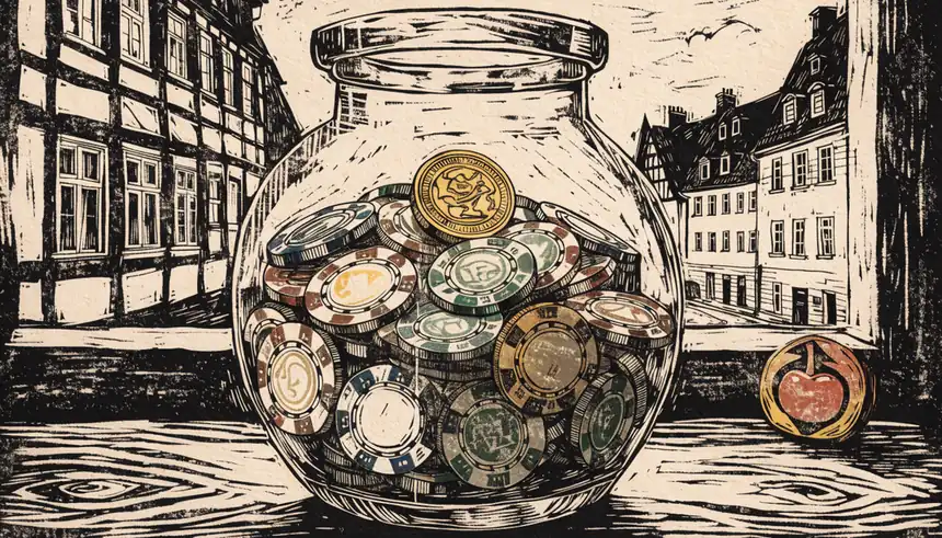 Glas mit Casino-Chips und goldenen Marken auf einem Holztisch am Fenster