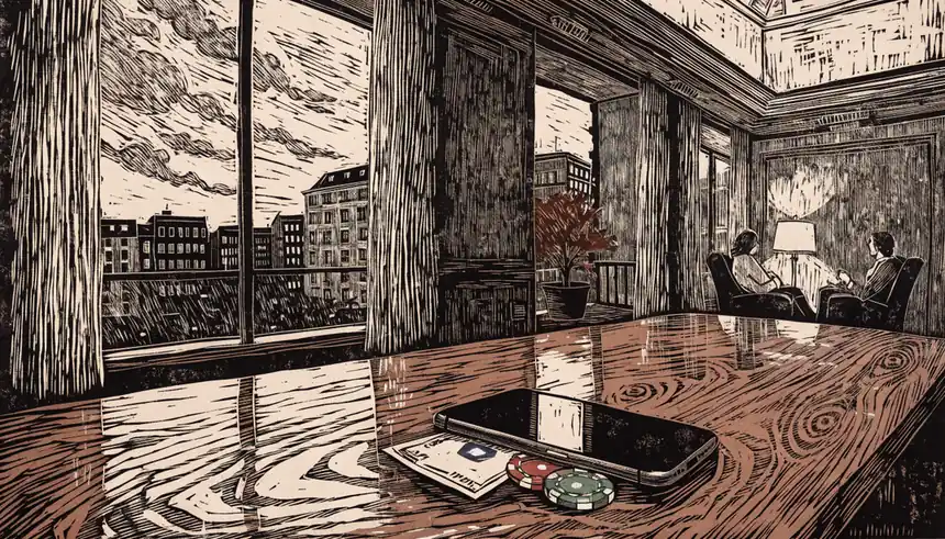 Smartphone mit Geldschein und Casino-Chips auf einem Tisch in einer modernen Wohnung.