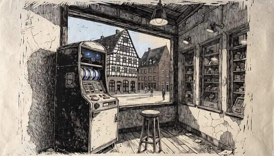 Klassischer Merkur-Spielautomat mit geöffneter Klappe und sichtbarer Technik in einer deutschen Spielhalle.