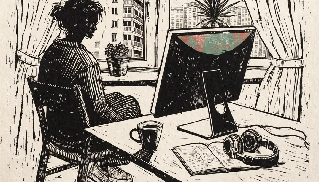 Desktop-Monitor auf einem Schreibtisch mit Kaffeetasse und Notizbuch