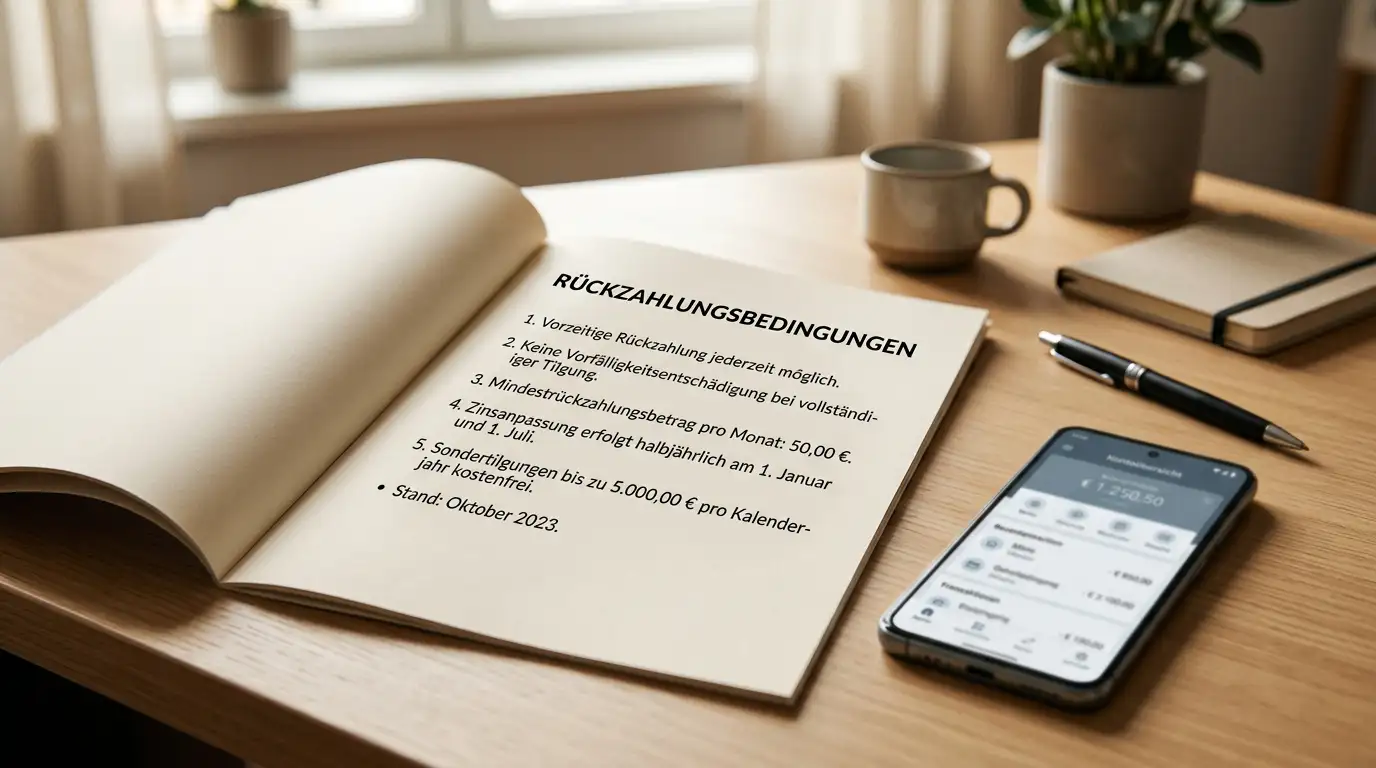 Aufgeschlagenes Dokument mit Auszahlungsbedingungen neben einem Smartphone am Schreibtisch