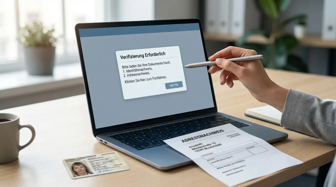 Verifizierungsdialog auf einem Laptop, daneben Ausweis und Adressbeleg auf einem Schreibtisch