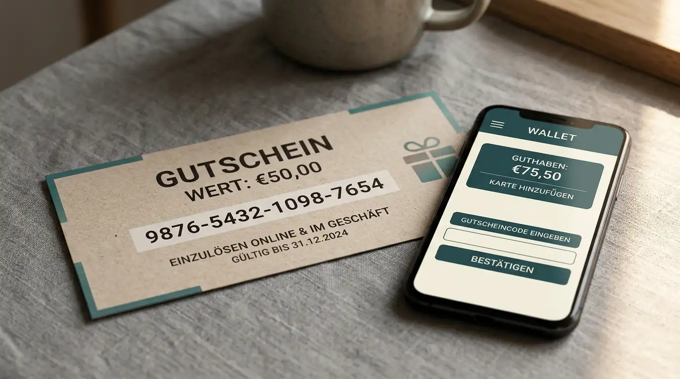 Symbolische Darstellung eines Jeton-Cash-Vouchers neben einem Smartphone mit Wallet-App