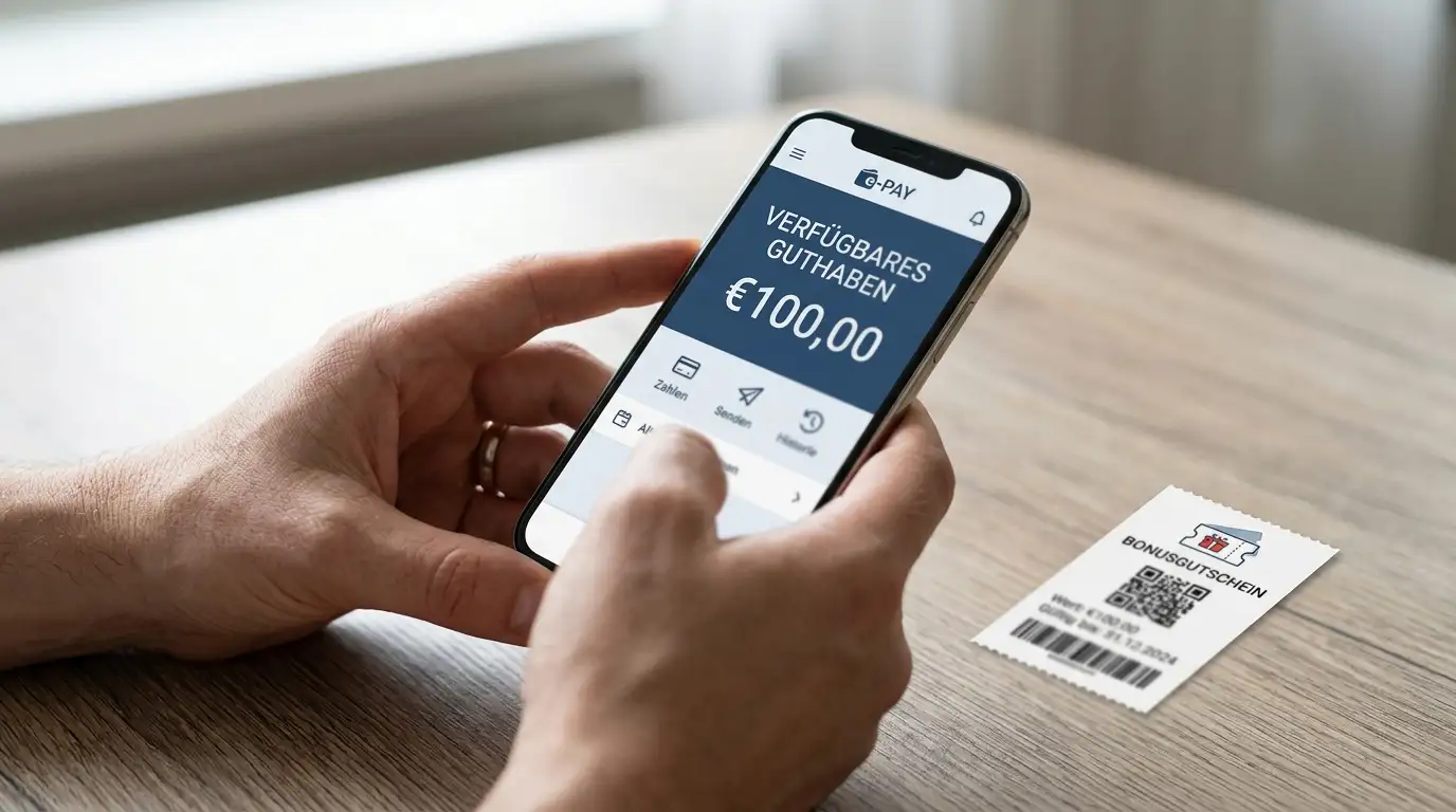 Nahaufnahme eines Smartphones mit einer neutralen E-Wallet-Oberfläche und einem Prepaid-Code-Beleg daneben