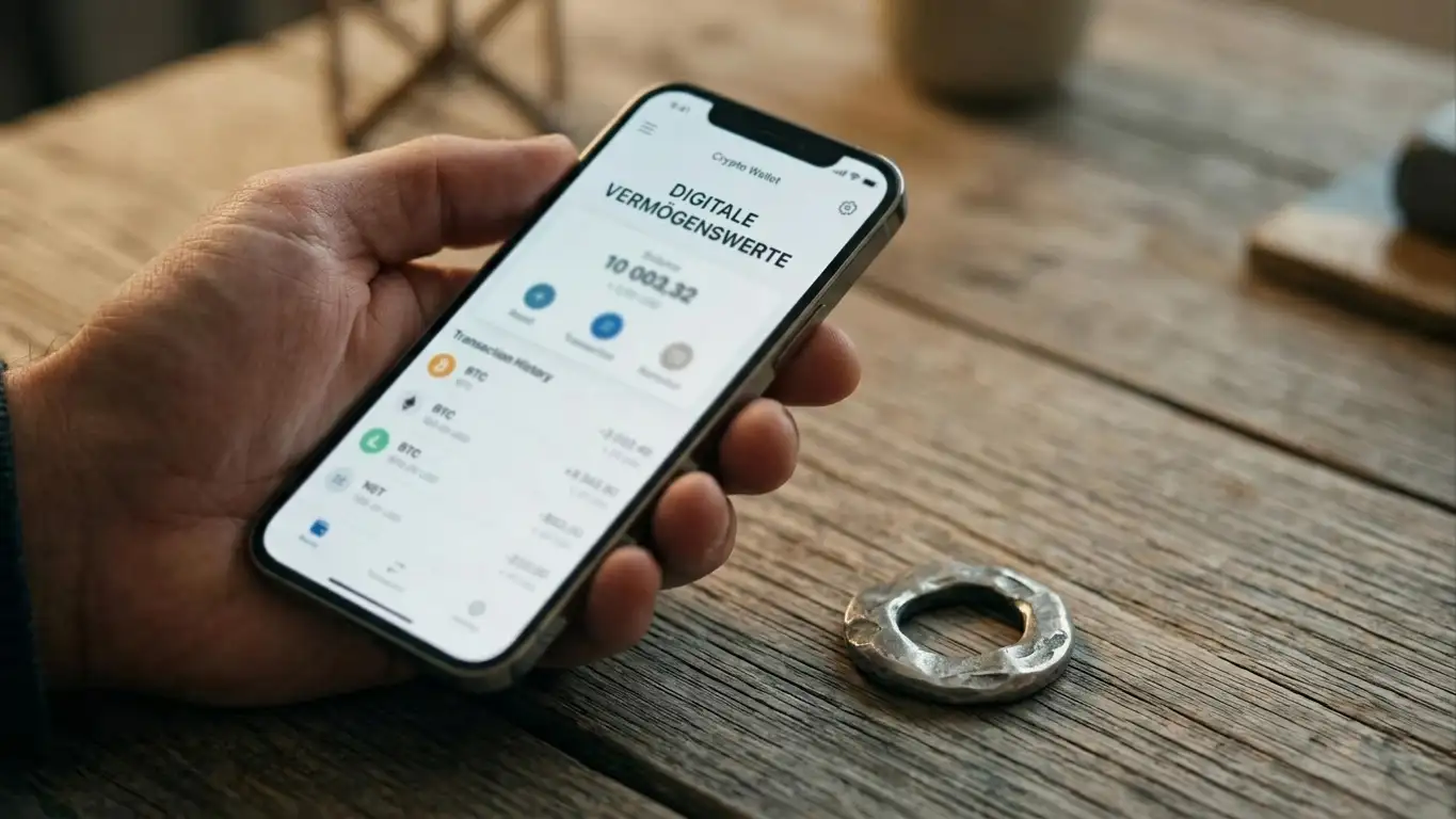 Smartphone mit geöffneter Krypto-Wallet-Oberfläche ohne Markenzeichen neben einer symbolischen Münze auf einem Tisch