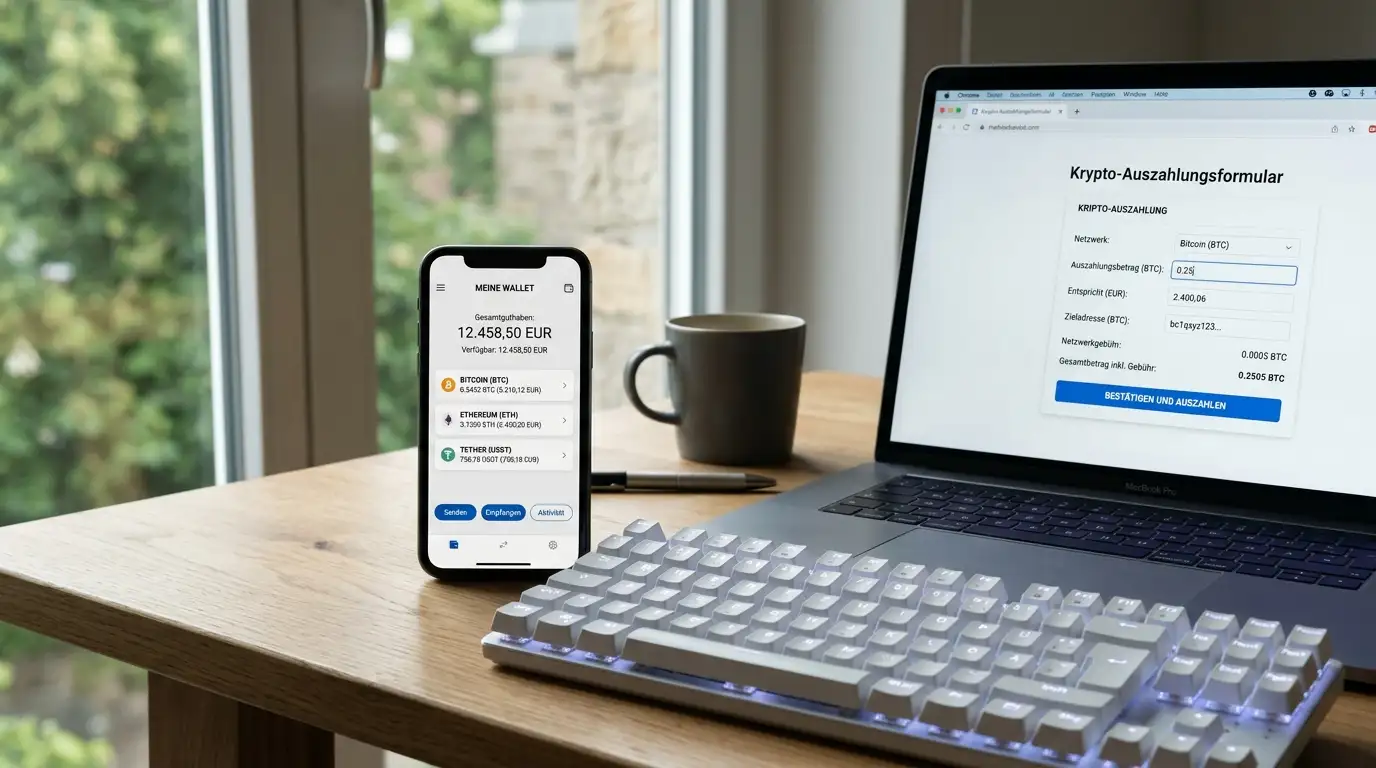 Smartphone mit Krypto-Wallet-Anzeige neben einer Tastatur und einem Auszahlungsformular auf einem Bildschirm