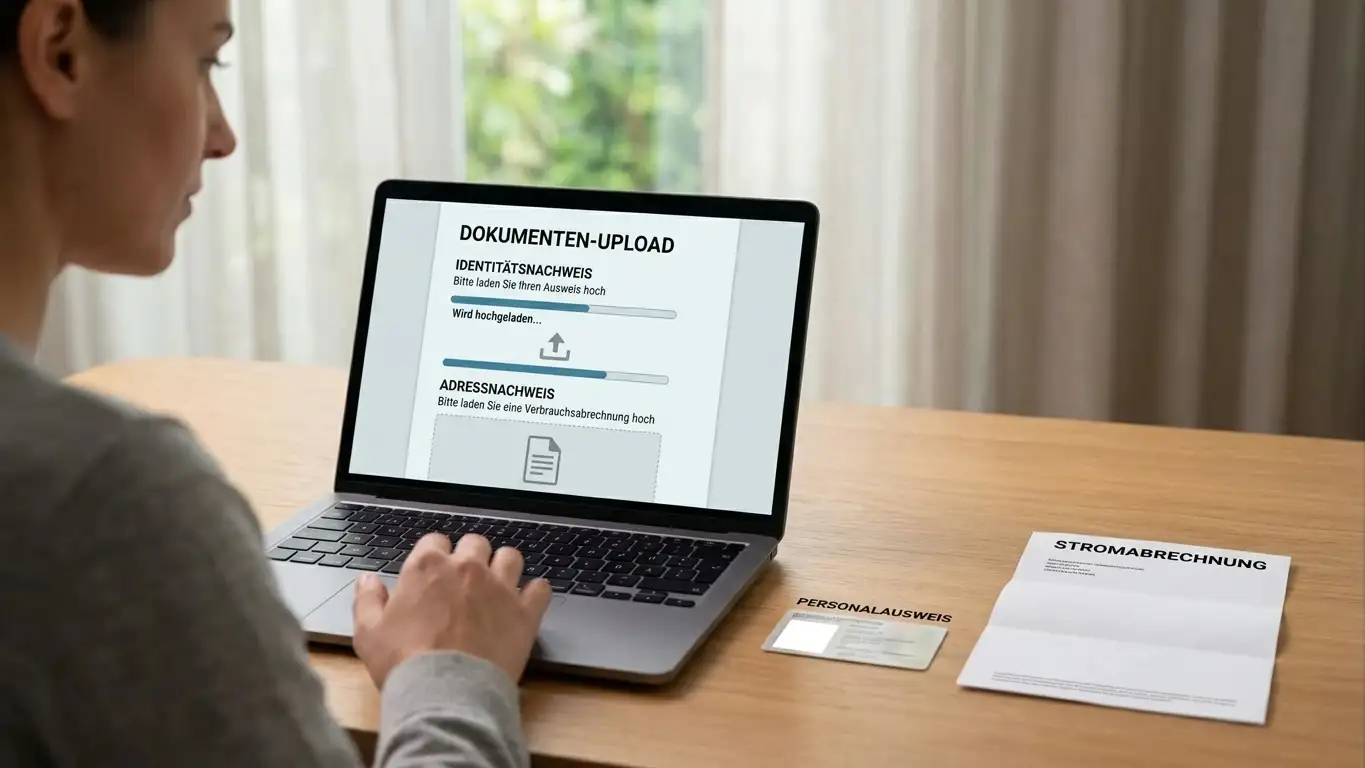 Person am Laptop mit Ausweis- und Adressplatzhalter für eine Casino-KYC-Verifizierung