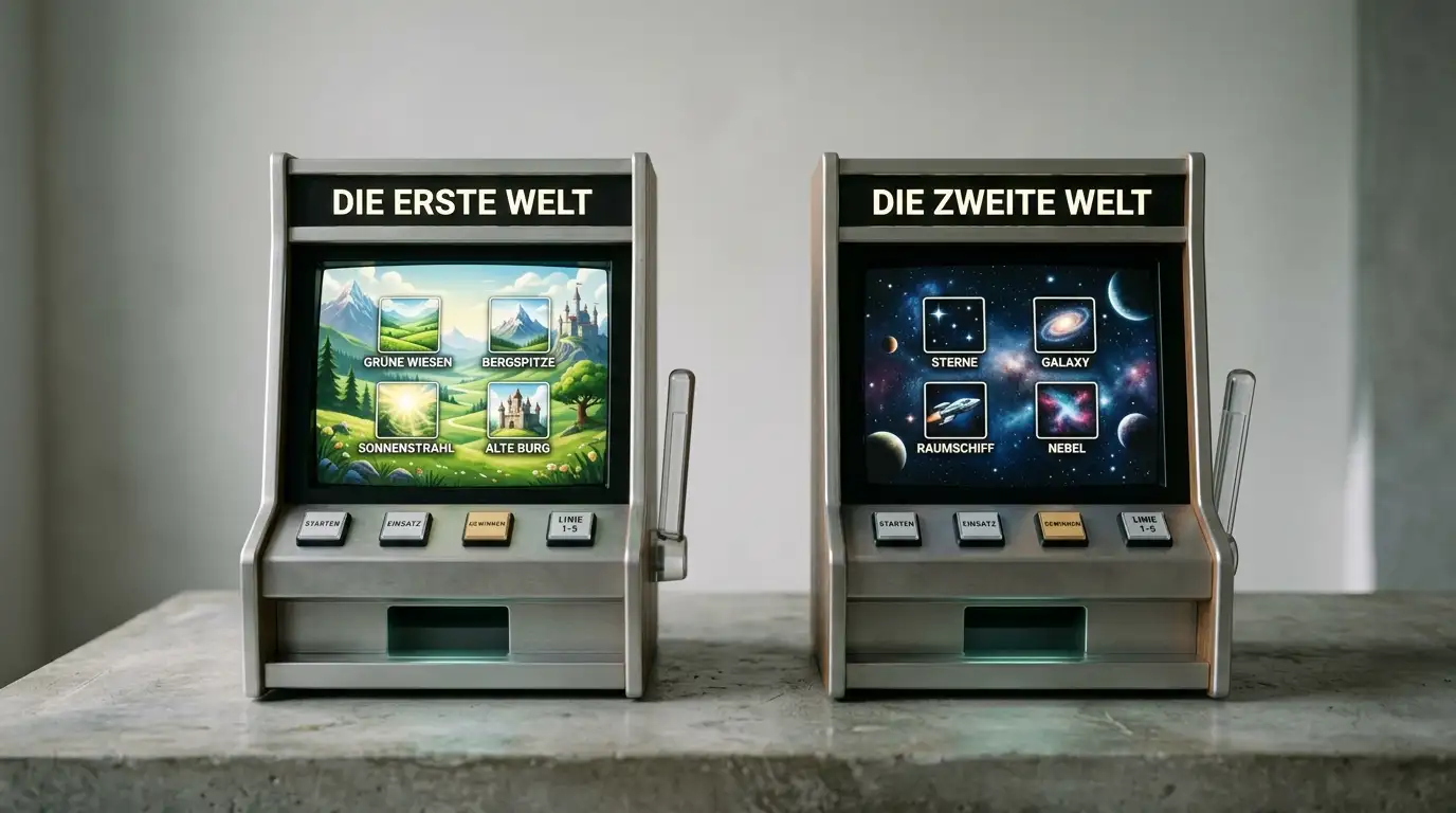 Zwei Spielautomaten-Bildschirme nebeneinander als Sinnbild für zwei getrennte Casino-Welten