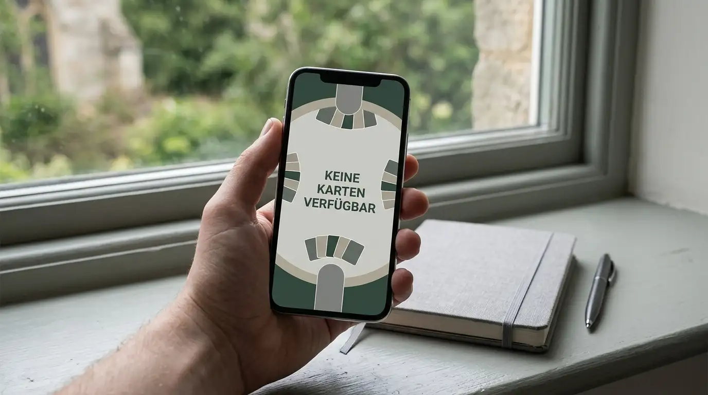 Smartphone mit Live-Blackjack-Stream im Browser neben einem Notizblock am Fenster