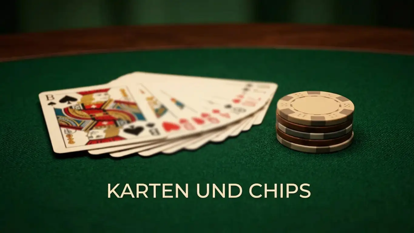 Nahaufnahme von Spielkarten und Chips ohne Wertangabe auf grünem Blackjack-Filz