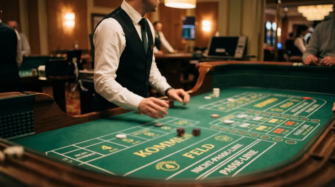 Croupier wirft zwei Würfel über einen Live-Craps-Tisch mit Wettfeldern