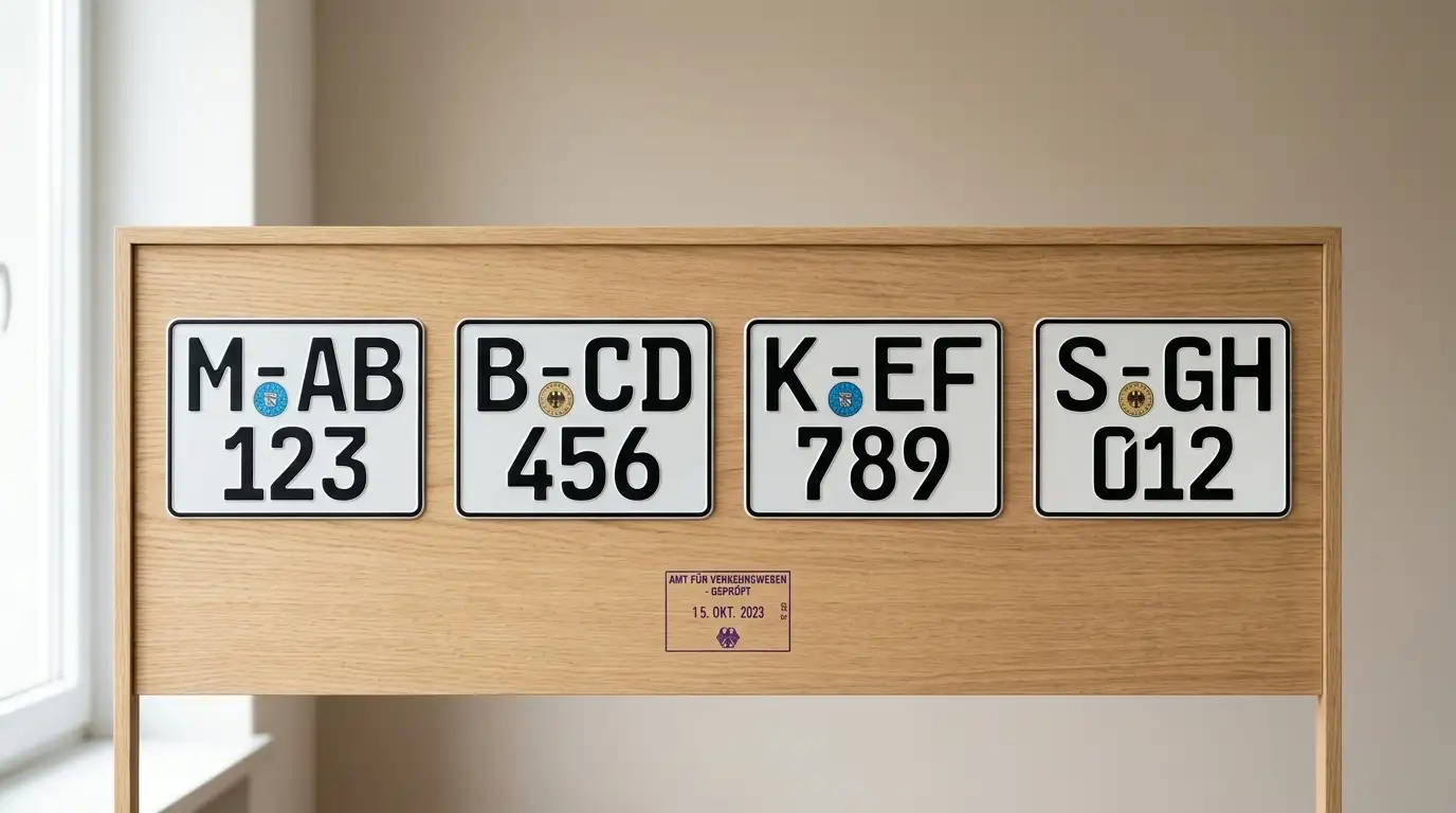 Übersichtstafel mit Stempel und vier nebeneinander aufgereihten Lizenzplaketten aus Deutschland, Malta, Curaçao und Anjouan