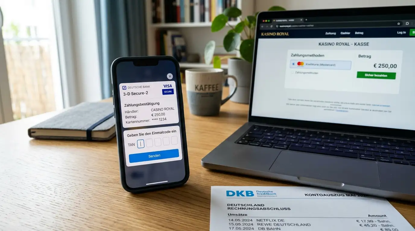 3-D-Secure-2-Push mit OTP-Eingabe auf dem Smartphone neben Casino-Kasse und gedrucktem Kontoauszug