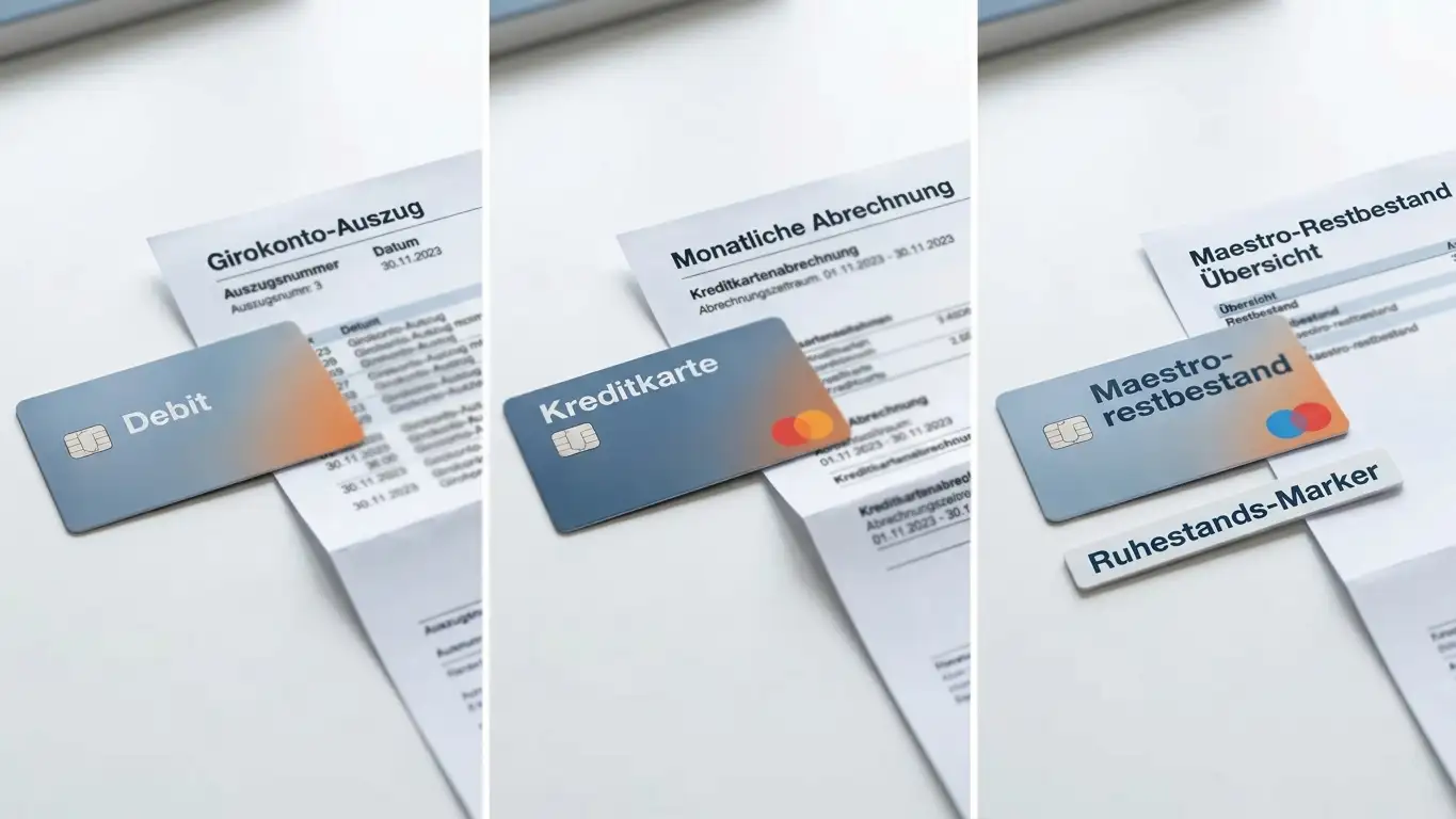 Vergleich Mastercard Debit, Credit und Maestro-Restbestand auf einem Kontoauszug
