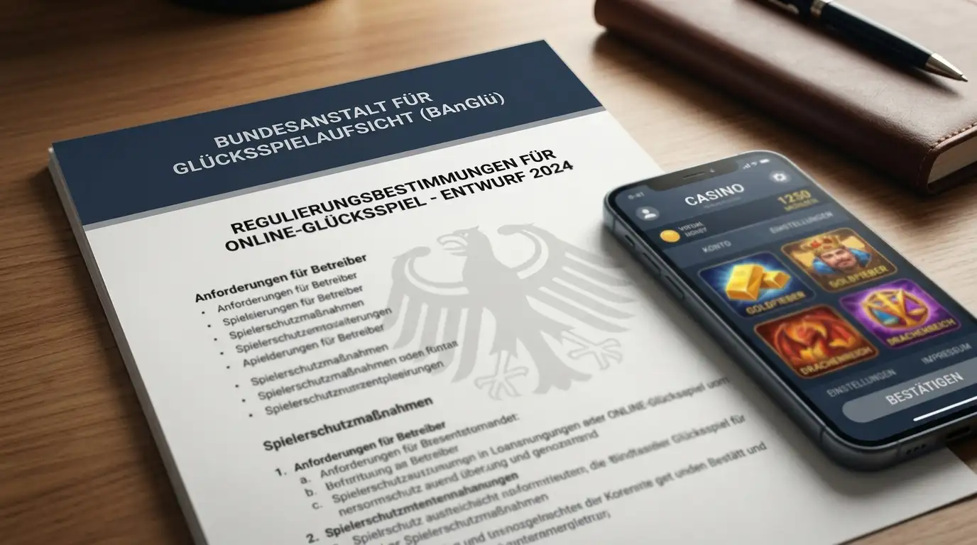Symbolische Darstellung einer deutschen Regulierungs-Lizenzurkunde neben einem Smartphone mit Casino-App