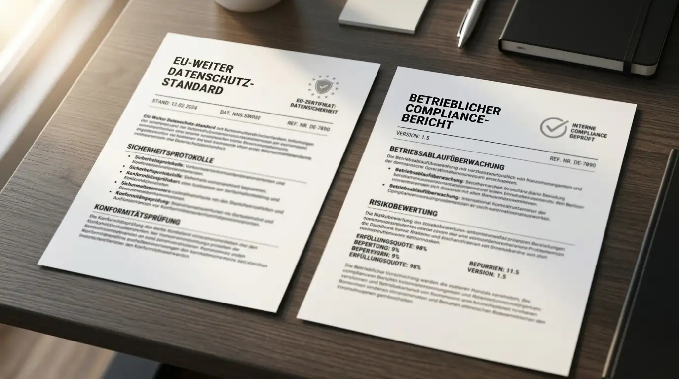 Zwei nebeneinanderliegende Dokumente — links ein EU-Rechtsrahmen mit Trennung der Spielergelder, rechts ein Offshore-Dokument mit minimaler Compliance