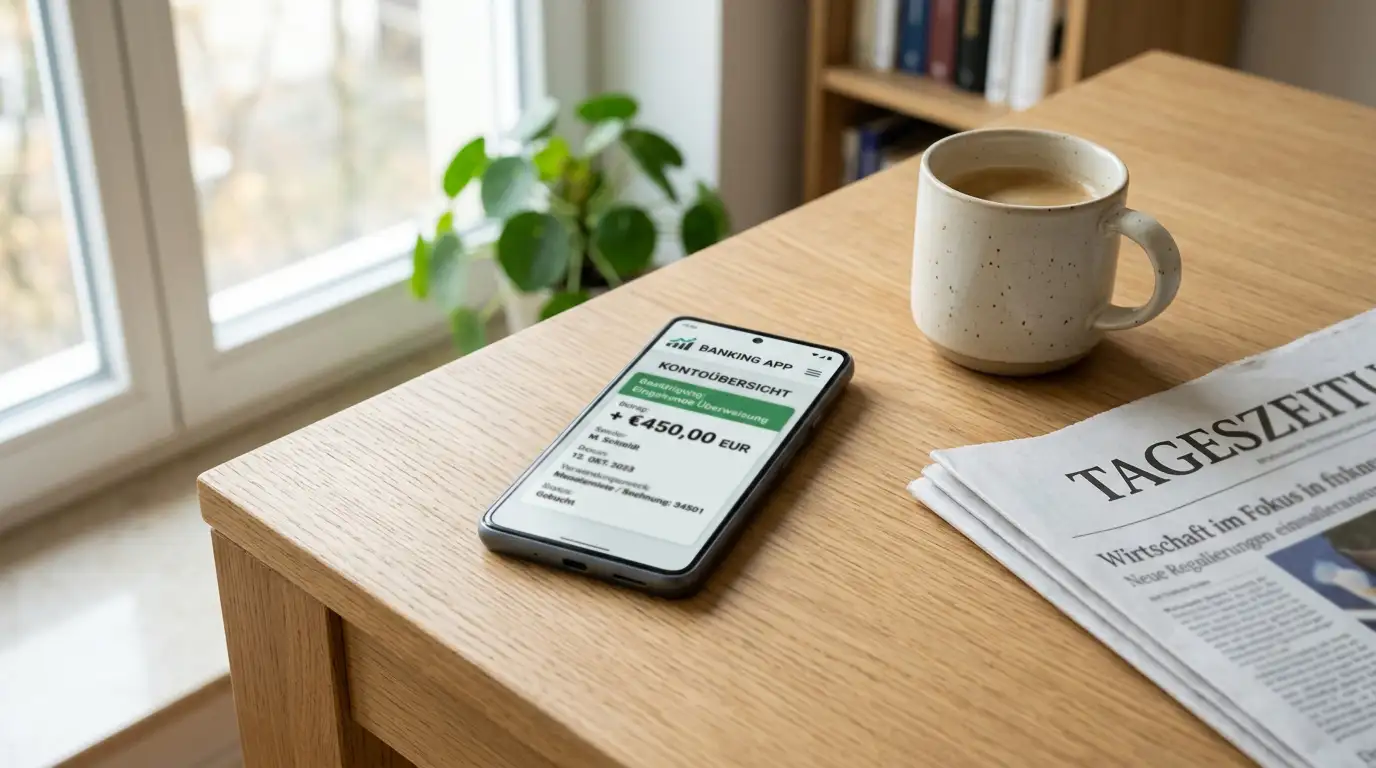 Smartphone mit Mobile-Banking-App und Casino-Login auf einem Schreibtisch