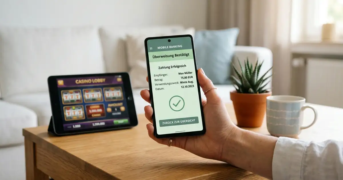 Smartphone in der Hand mit einer Banking-App und einer Casino-App nebeneinander auf dem Bildschirm