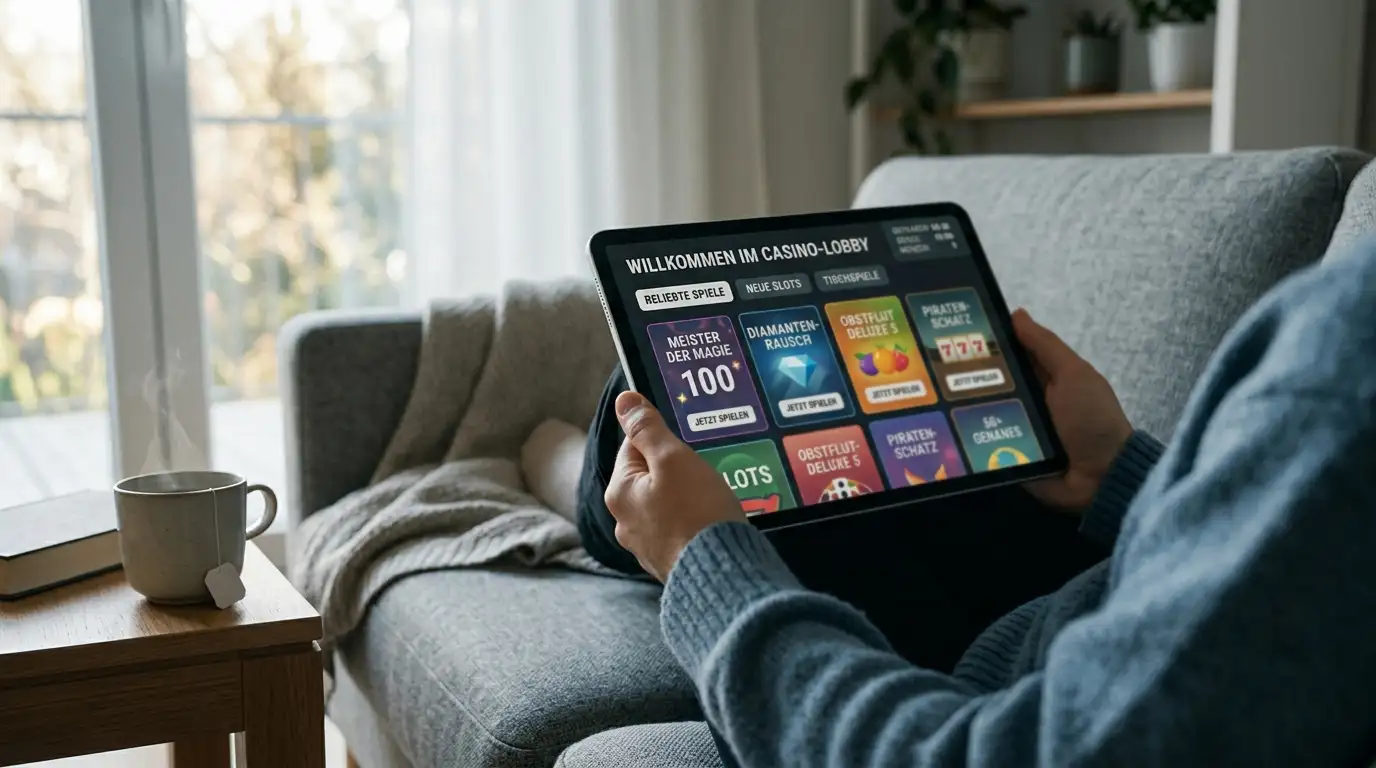 Person auf Sofa mit Tablet und Tasse Tee beim mobilen Casino-Besuch am Nachmittag