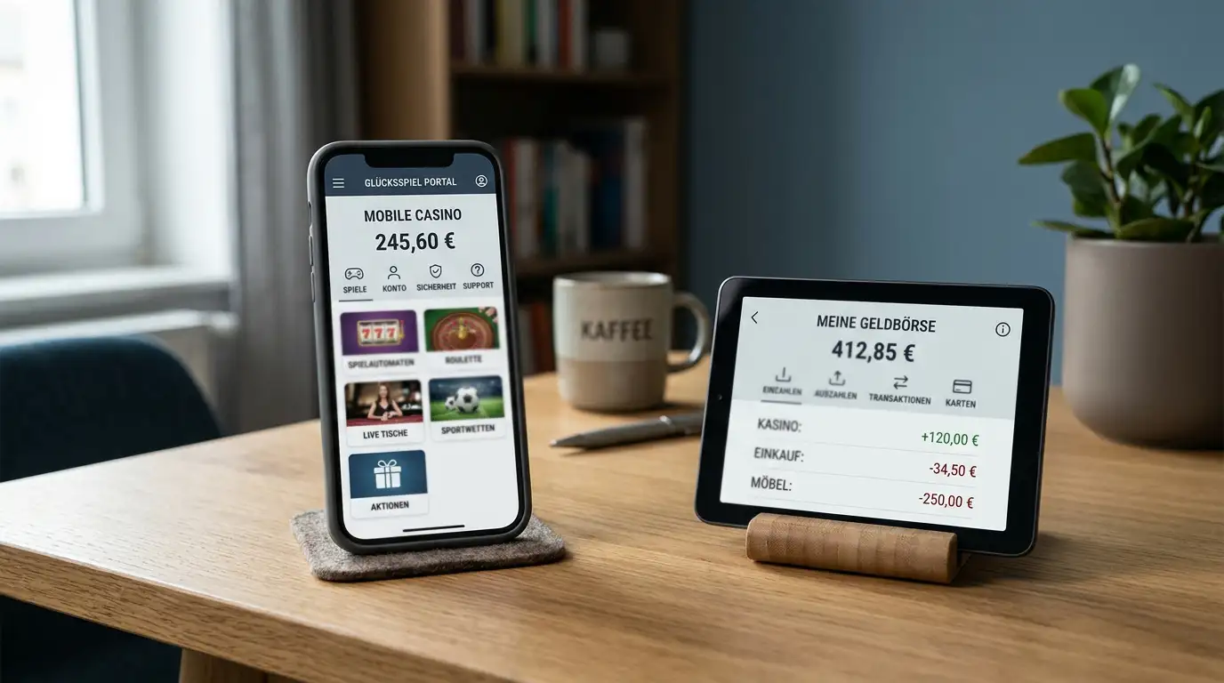 Smartphone mit Casino-Oberfläche und Wallet-App im Splitscreen