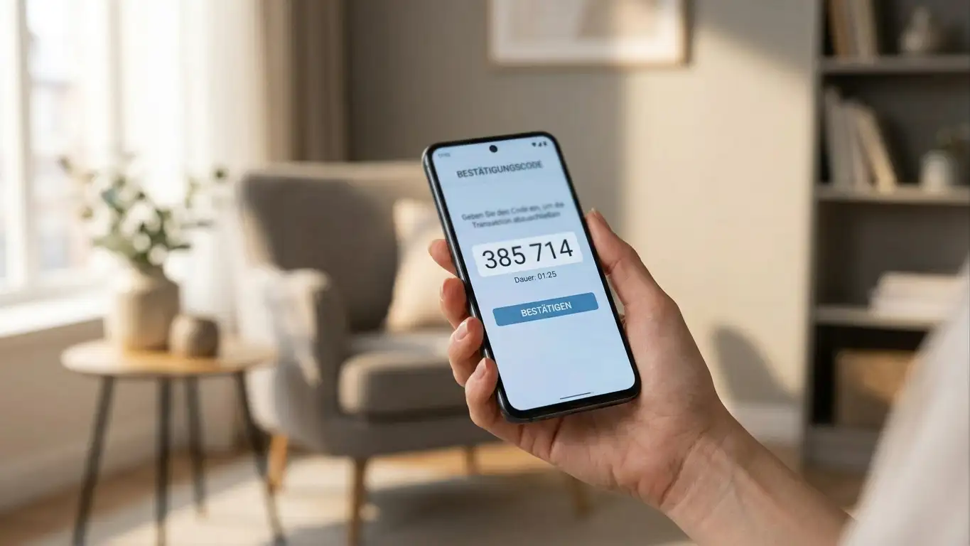 Smartphone-Display mit geöffneter E-Wallet-App und sechsstelligem Sicherheitscode