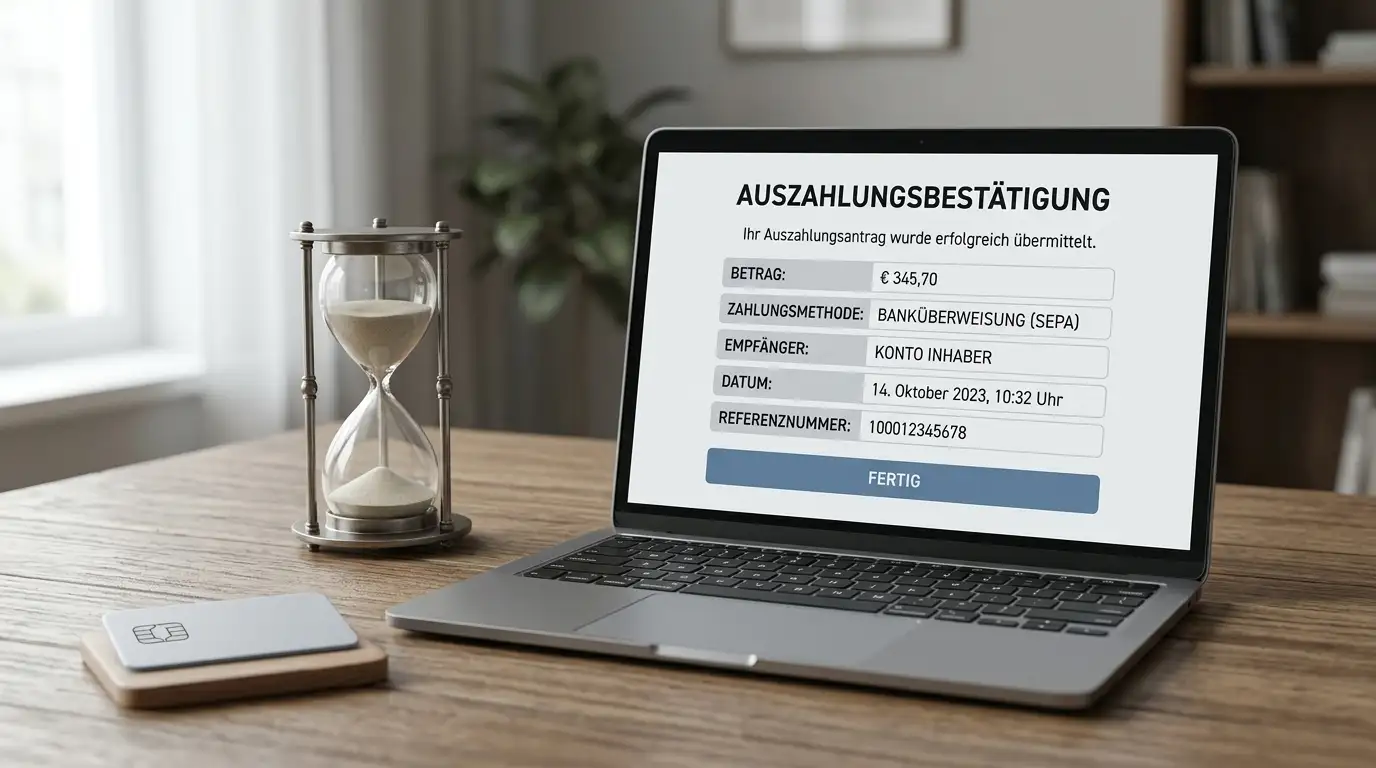 Münzstapel-Symbol auf einer Auszahlungs-Bestätigungsseite, daneben eine Sanduhr und ein Net+ Karten-Symbol ohne reale Banknoten