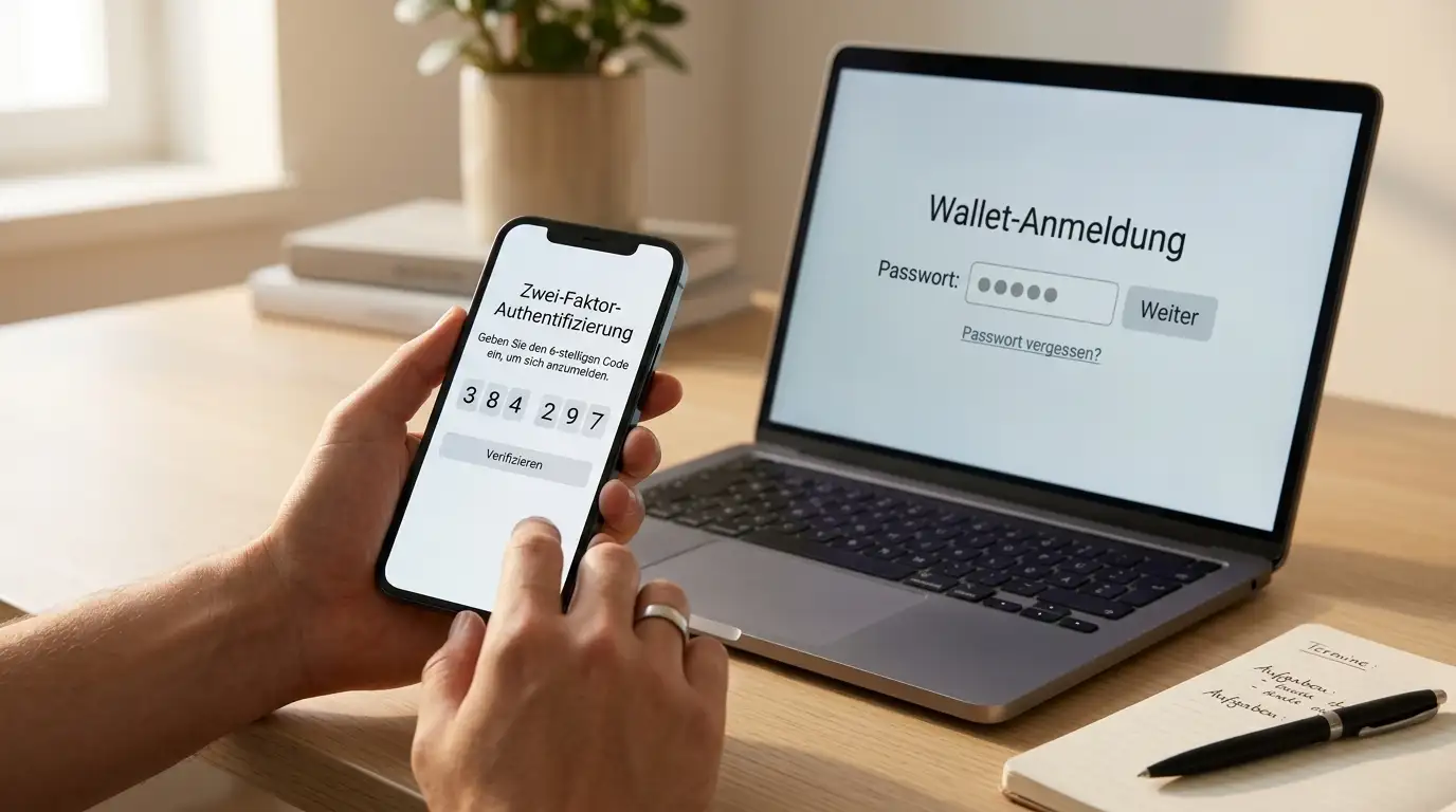 Smartphone zeigt den Neteller-Login mit sechsstelligem Code, ein zweites Fenster verlangt eine mobile Sicherheits-PIN per Fingerabdruck
