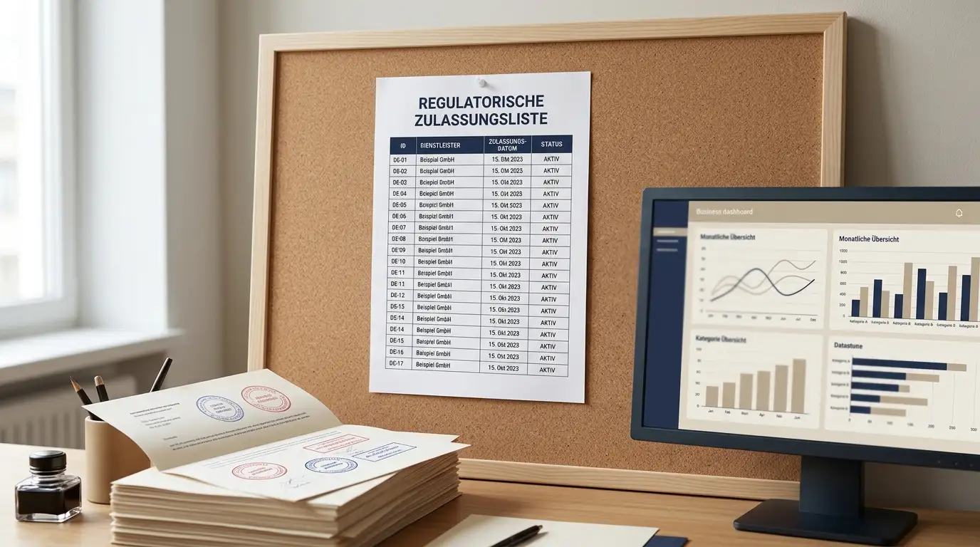 Gedruckte Whitelist der GGL an einer Pinnwand neben einem Kassenbereich mit Monitor und Banknoten-Aufsteller ohne echte Scheine