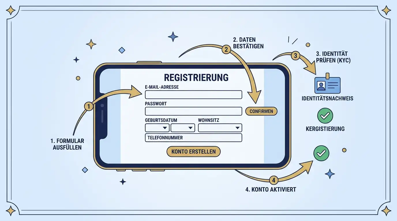 Aktivierungs-Illustration: Smartphone-Bildschirm mit Bonus-Aktivierungs-Button und Schritt-für-Schritt-Pfeilen 1–4, dazu ein Ausweis-Symbol für KYC