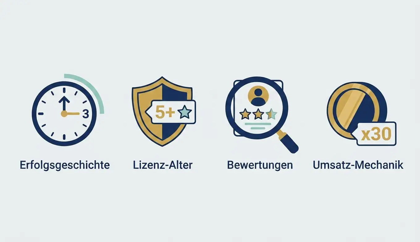 Frische-Indikatoren-Illustration: vier kleine Symbole nebeneinander — Uhr (Track Record), Schild (Lizenz-Alter), Lupe (Reviews-Verfügbarkeit), Münze (Bonus-Wagering)
