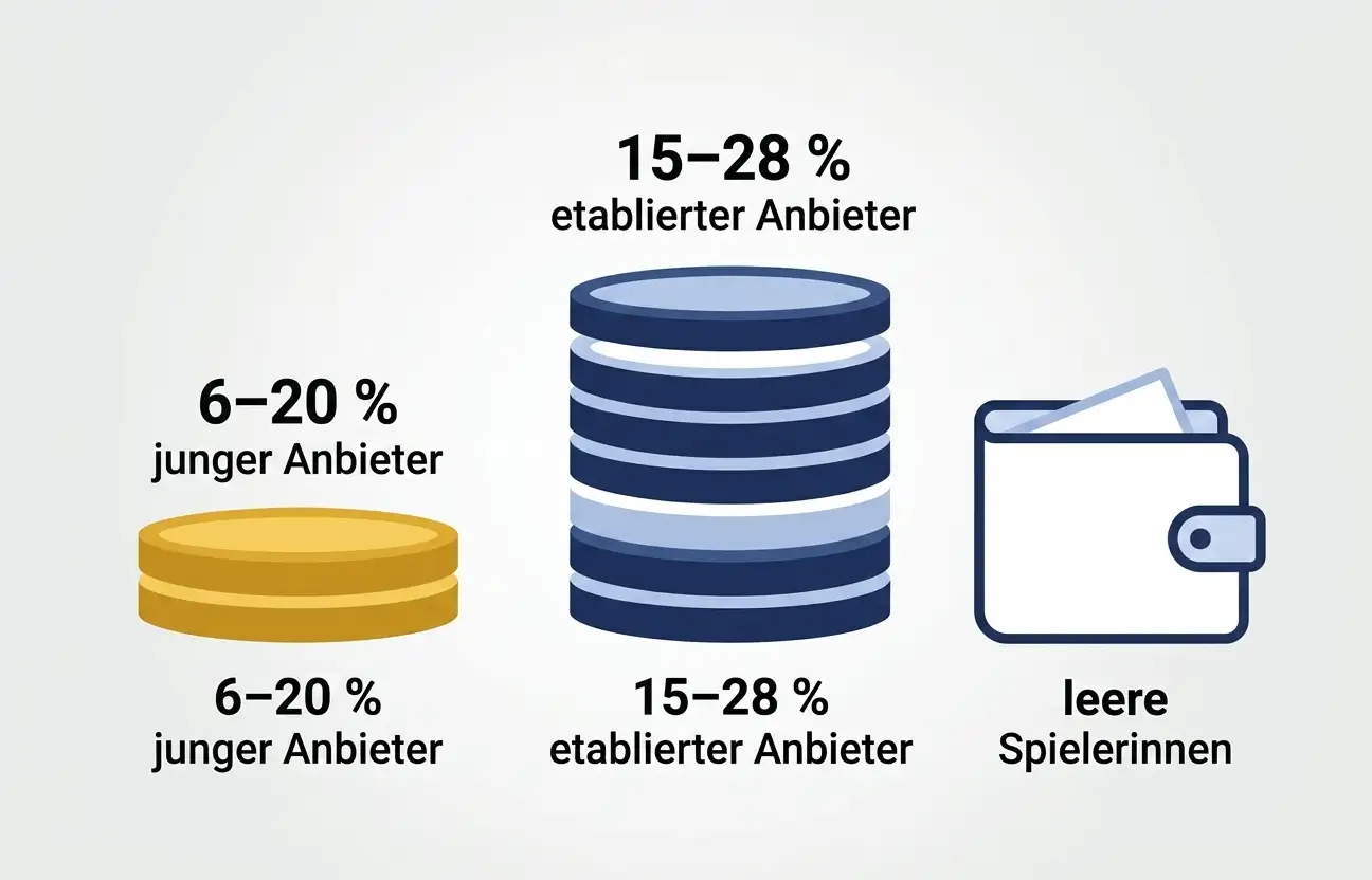 Realitäts-Check-Illustration: zwei Balken nebeneinander — junger Anbieter 6–20 % Auszahlungs-Wahrscheinlichkeit (klein, gold), etablierter Anbieter 15–28 % (größer, blau), dazu Münz-Stapel-Symbol