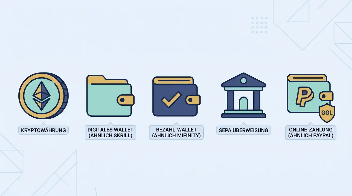 Zahlungswege-Illustration: fünf Bezahl-Symbole in einer Reihe — Krypto-Coin, Skrill-Logo, MiFinity-Logo, SEPA-Bank, PayPal-Logo (PayPal nur GGL)