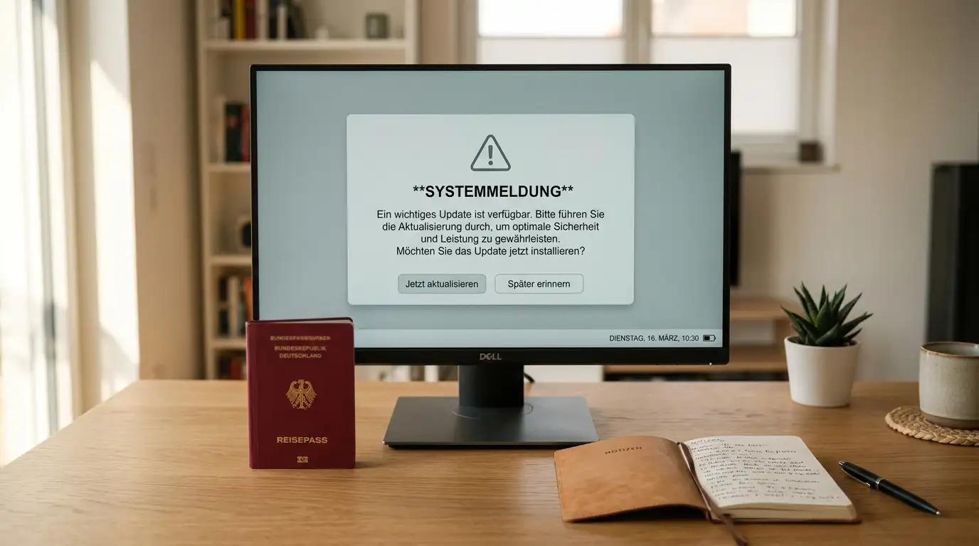 Übersicht einer Sperrdatei-Meldung auf einem Bildschirm, daneben ein Ausweis und ein Notizbuch