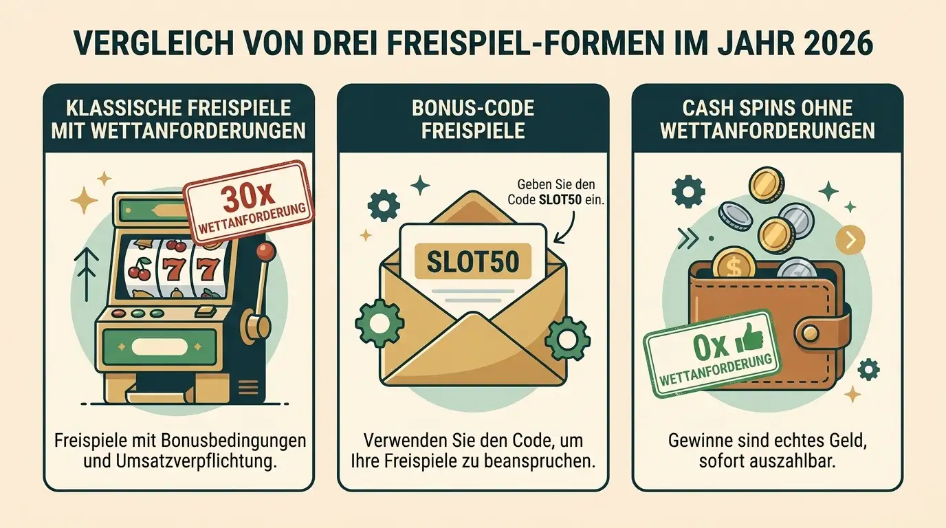 Drei FS-Hauptformen: klassische FS, Bonus-Code-FS und Cash Spins im Vergleich