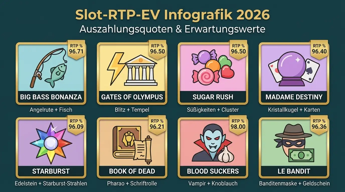 Slot-RTP-EV-Tabelle: acht Titel im Vergleich