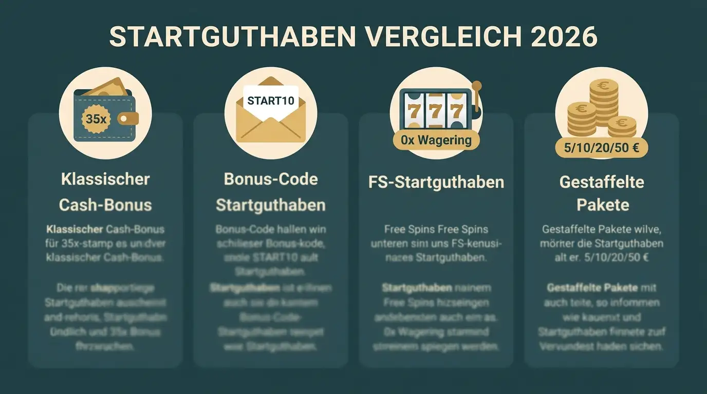Vier Bonus-Hauptformen: klassischer Cash-Bonus, Bonus-Code-Startguthaben, FS-Startguthaben und gestaffelte Pakete im Vergleich